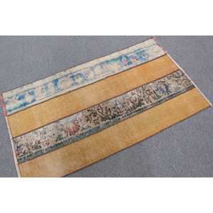 2.5x4.4 ft Rug, Vintage Turkish Rug, <b>Yellow</b> Check <b>Wool</b> Rug - Product Image 1