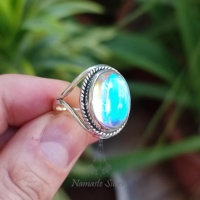 Bague de promesse en argent sterling 925 avec quartz aurore, cristal taillé à la main, forme ovale, effet aurore boréale, pour soirée