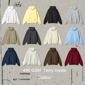 Vente en gros, sweat à capuche uni épais en coton éponge 450G pour hommes, sans corde, décontracté, tendance, automne et hiver - Product Image 4