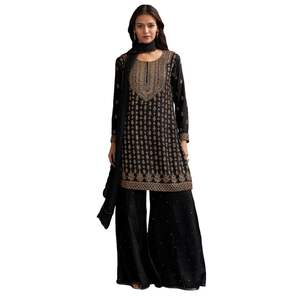 Traje Palazzo de seda negra con corte bordado Dana Work y Dupatta Venta al por mayor Mujeres Étnicas OEM Fábrica de ropa Proveedor a granel - Product Image 3