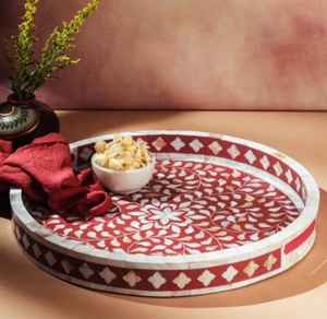 Bandeja de forma ovalada con incrustaciones de concha de nácar personalizable más vendida, bandeja de servicio de fregona de ratán con patrón Floral, bandejas para servir - Product Image 4