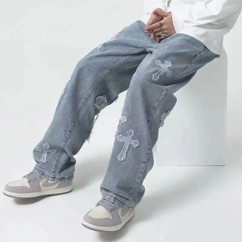 Streetwear Hip Hop Low Rise Baggy Jeans For Men Korean Fashion Trousers Cross Denim Pants Women Cargo Y2k Pants Punk Clothes