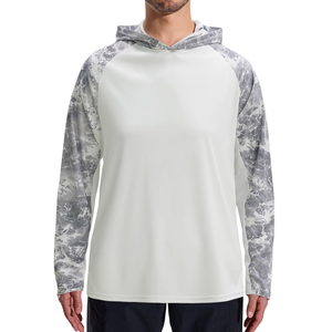 Custom <b>White</b> Fishing Hoodie with Grey Camo <b>Sleeves</b> UV Protection Quick Dry <b>Long</b> <b>Sleeve</b> Outdoor Performance <b>Shirt</b> for <b>Men</b> UPF 50+ - Product Image 1