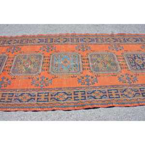 Alfombra de 4.7x11.3 pies, Alfombra Vintage, Alfombra Turca de Lana a Cuadros Naranja - Product Image 4