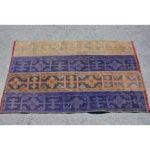 Tapis Turc Vintage 2,8 X 4,7ft Classique Bleu Orange Patchwork Design 10mm Laine Latex Support Rectangulaire Forme 10mm Peluche - Product Image 3