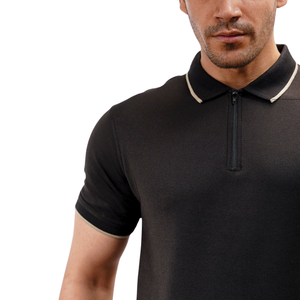Polo Negro para Hombre con Cuello de Cremallera y Cuello en Contraste, Ropa Casual de Algodón Cómoda, Polo de Manga Corta Elegante y Moderno - Product Image 5