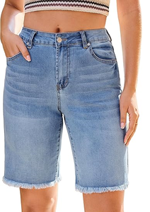 Shorts en jean Bermuda taille haute extensible pour femmes - Coupe décontractée tendance - Product Image 6