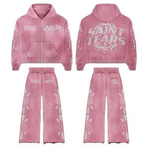 Otoño Vintage lavado 2 piezas Streetwear Set Y2K estilo de gran tamaño Drop Shoulder Hoodie pantalones de pierna recta Terry Fabric chándal - Product Image 5