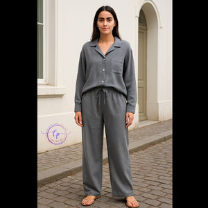 Ensemble coordonné 2 pièces en mélange de coton pour femme 2025 - Chemise ample et pantalon large - Product Image 1