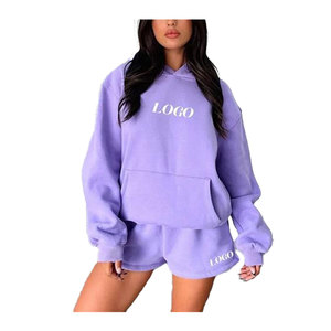 Ensemble de sweat-shirts courts décontractés pour femmes en gros, 100% coton, broderie personnalisée, surdimensionné, ensemble de 2 pièces, sweat-shirts et shorts pour femmes - Product Image 3