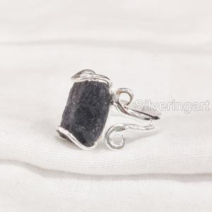 Joyería de piedra en bruto, anillo para mujer, zafiro azul Natural, piedra preciosa, piedra natal de septiembre, anillo de alambre Hippie, anillo de Plata de Ley 925 - Product Image 1