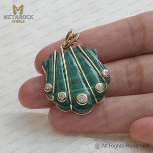 Malachite Gemstone 14k Gold Diamond Shell Pendant <b>Handmade</b> <b>Jewelry</b> Wholesale Anniversary Gift Bezel Set <b>Jewelry</b> - Product Image 4