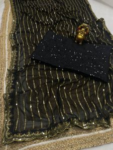 Magnifique sari indien traditionnel en georgette de soie douce avec broderies et sequins pour les occasions spéciales - Product Image 5