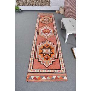 Alfombra Turca Vintage de 2.9x12.2 pies (88x372 cm), Alfombra Herki con Parches Naranjas - Product Image 1