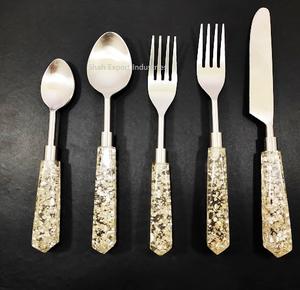Trendy Design Metal Silver Cutlery <b>Sets</b> With Gold Glitter Acrylic Handle for Dining Table Food Eating <b>Flatware</b> <b>Sets</b> - Product Image 4