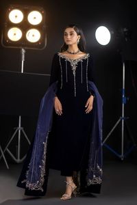 ELEGANT Indian/Pakistani Stylish VELVET <b>Kurta</b>, Pant & Dupatta on Net Dress with Embellished Crystal Glass Beads, Dabka Work=2025 - Product Image 2