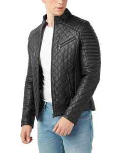 Chaqueta de cuero negro ajustada personalizada para hombre con cuello levantado, cortavientos acolchado para uso informal en motocicleta y uso al aire libre - Product Image 5