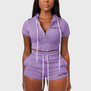 ที่กําหนดเองOEMฤดูร้อนกํามะหยี่สองชิ้นชุดสตรีชุดโลโก้ที่กําหนดเองฤดูใบไม้ผลิ-ฤดูร้อนซิปพืชยอดนิยมHoodieสั้นชุดผู้หญิง - Product Image 5