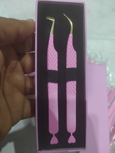 Pink Curvedd Pointed Stainless Steel Lash <b>Tweezers</b> with Fiber Tip for Eyelash Extensions - Product Image 6