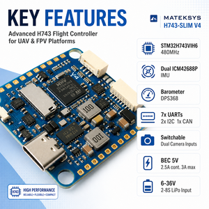MATEKSYS H743-SLIM V4 ตัวควบคุมการบิน STM32H743 แบบคู่ ICM42688P 13 PWM CAN UART สำหรับโดรน FPV UAV ปีกตรึง - Product Image 3