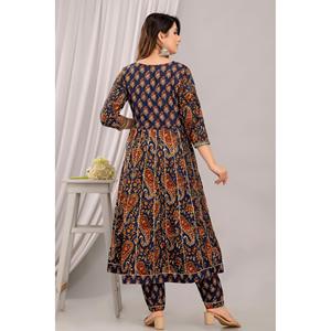 Conjunto de pantalones Anarkali Kurta con bordado Floral para mujer azul marino Dupatta bordado Floral elegante para festivales especiales - Product Image 6