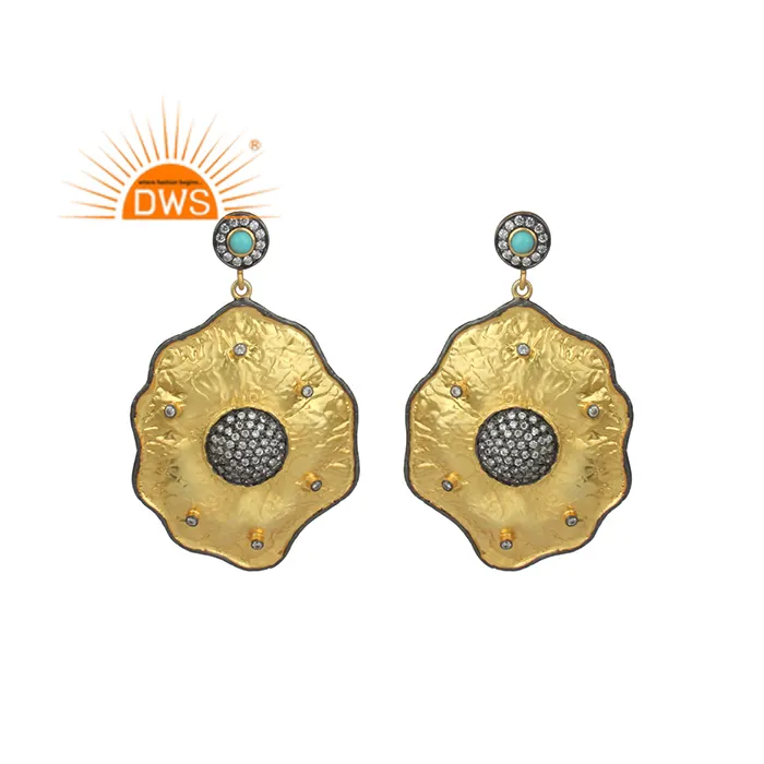 Latest Design Sterling Silver 18K Gold Plated Cz & Arizona Turquoise Gemstone Dangle Earring Demi Fine Jewelry Manufacturer