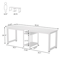 Bureau d'ordinateur en bois blanc de 78 pouces, long, pour deux personnes, avec étagères ouvertes en dessous, pour le bureau à domicile