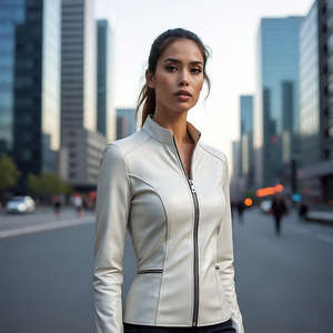 Women's Casual <b>Drop</b> Shoulder Oversize Windproof Genuine Leather Zipper Biker Jacket with Cotton Filling and Knitted Fabric - Product Image 4