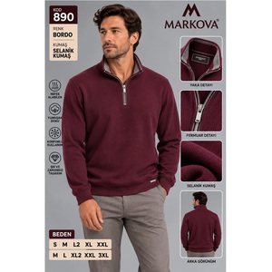 890 Style Burgundy Color MARKOVA <b>Mens</b> Mock-neck Sweat Knitted Fabric <b>Winter</b> <b>Shirt</b> 65% Cotton 35% Polyester Anti-Pilling - Product Image 1
