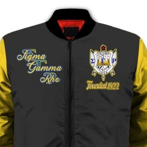 Veste de sororité pour femmes SGRho Sigma Gamma Rho 1922 en satin, style varsity bomber, bleu royal et or, broderie grecque - Product Image 4