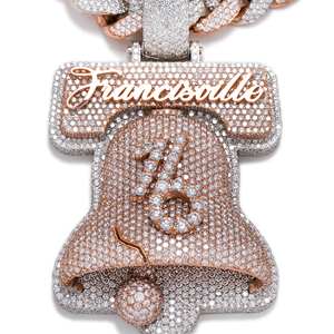 Collar de Lujo con Colgante Campana de la Libertad con Incrustaciones de Moissanita y Letras Francoville, Estilo Hip Hop, Plata de Ley, Chapado en Oro de 18K, Unisex - Product Image 4