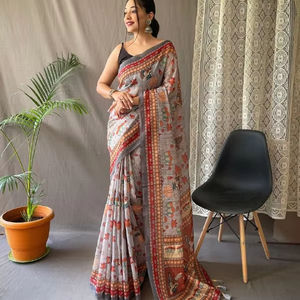 Sari de Algodón Malai Puro con Estampado Digital de Borde Grande - Ropa de Fiesta de Invierno - Product Image 1