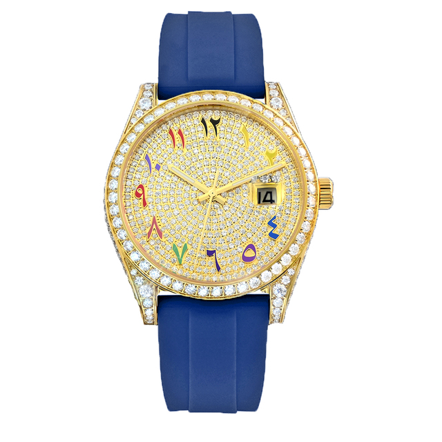 Golden Luxury Half Iced Out Moissanite Diamond Red and Black Rubber Strap Date Dial Fully Customized Mechanical Men Wrist Watch