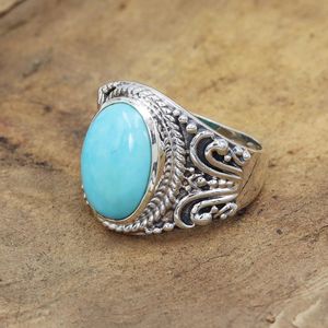 Elegante anillo clásico de Plata de Ley 925 con piedra preciosa turquesa de corte ovalado para boda, compromiso, regalo de aniversario o fiesta - Product Image 2