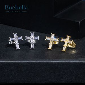 S925 Sterling Silver 14k Gold Coating Moissanite Baguette Cross Stud, Boucles d'oreilles pour hommes - Product Image 6