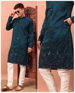 Pyjama Kurta en rayonne de soie et coton de qualité supérieure pour hommes avec paillettes brodées pour les fêtes et le style traditionnel Diwali - Product Image 1