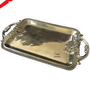 Plateau de service en acier inoxydable en métal finition argentée avec motif oiseau doré pour restaurant et bar d'hôtel - Product Image 4