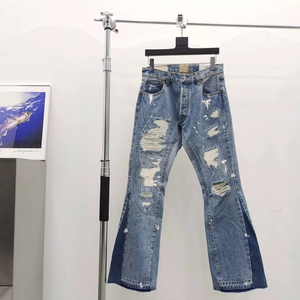 Jeans en denim streetwear décontractés pour hommes, de haute qualité, nouvelle marque, été, bouton, déchirés, éclaboussures, coupe droite, délavés à la pierre - Product Image 5