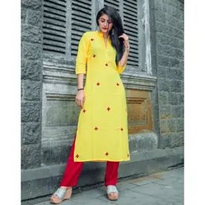 Ensemble Kurta en rayonne Kesariya Peela fait à la main pour femmes, vêtements traditionnels indiens faits à la main - Product Image 6