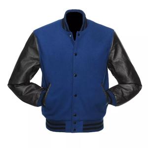 Nouvelle veste bomber universitaire en laine bleu roi et cuir noir, col montant, style varsity, design streetwear, logo frontal - pour l'hiver - Product Image 1