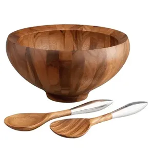 Acacia Wood Salad <b>Bowl</b> With 2 Salad Servers Made of Acacia Wood Alloy <b>Large</b> Deep Acacia Wood Salad <b>Bowl</b> Set - Product Image 1