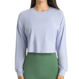 Vente chaude Femmes D'été Crop Tops Respirant À Manches Longues T-Shirts Conception Sans Col Sexy Casual Solide Couleurs Numérique Imprimé - Product Image 2