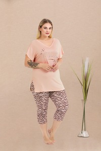Ensemble Capri en viscose tricoté grande taille pour femme, manches courtes, imprimé, simple, doux, confortable, respirant, vêtements de nuit - Product Image 2