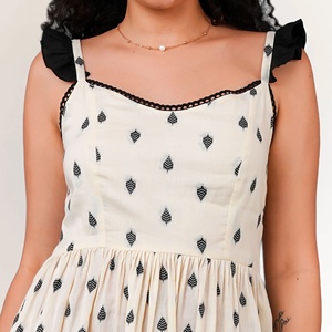 Women's Ivory 100% Cotton A-Line Slim Fit Casual Sleeveless Printed Mini Dress with Embroidery Breathable and Natural Waistline - Product Image 2