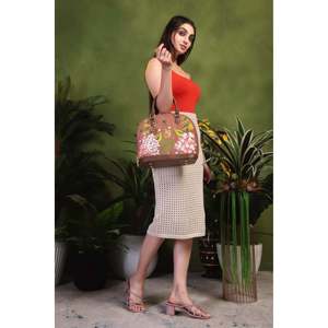 Sac fourre-tout de luxe en cuir végétalien brodé de fleurs avec deux poignées et fermeture éclair pour femme - Marron - Product Image 6