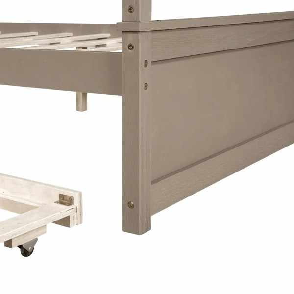 Full Size Light Brown Brushed Wood Canopy Bed with Trundle for Kids' Bedroom OEM Service Supplier Vietnam Following Your Brand