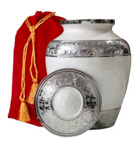 โกศบรรจุอัฐิอะลูมิเนียมคุณภาพสูง ดีไซน์ทันสมัยผสมผสานความเป็นประเพณี  งานเคลือบเงาพรีเมียม  แกะสลักลาย  สีขาว ขนาด 10 นิ้ว สำหรับงานศพ - Product Image 1