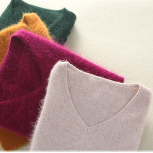 เสื้อกันหนาวถักแบบสวมหัวคอวีสำหรับผู้หญิงสำหรับฤดูหนาวเสื้อสเวตเตอร์ถักแบบ100% ขนมิงค์แคชเมียร์สีพื้นนุ่มให้ความอบอุ่นเป็นพิเศษ - Product Image 1