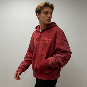 Sudaderas con Capucha para Hombre, Color Borgoña, con Cierre, Logotipo Personalizado, Bordado en Relieve, Estilo Desgastado, Vintage, Lavado, Talla Grande, Casual - Product Image 2