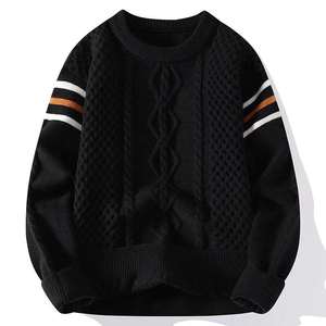 <b>Mens</b> cable knit crew neck <b>sweater</b> with striped sleeves - Product Image 4